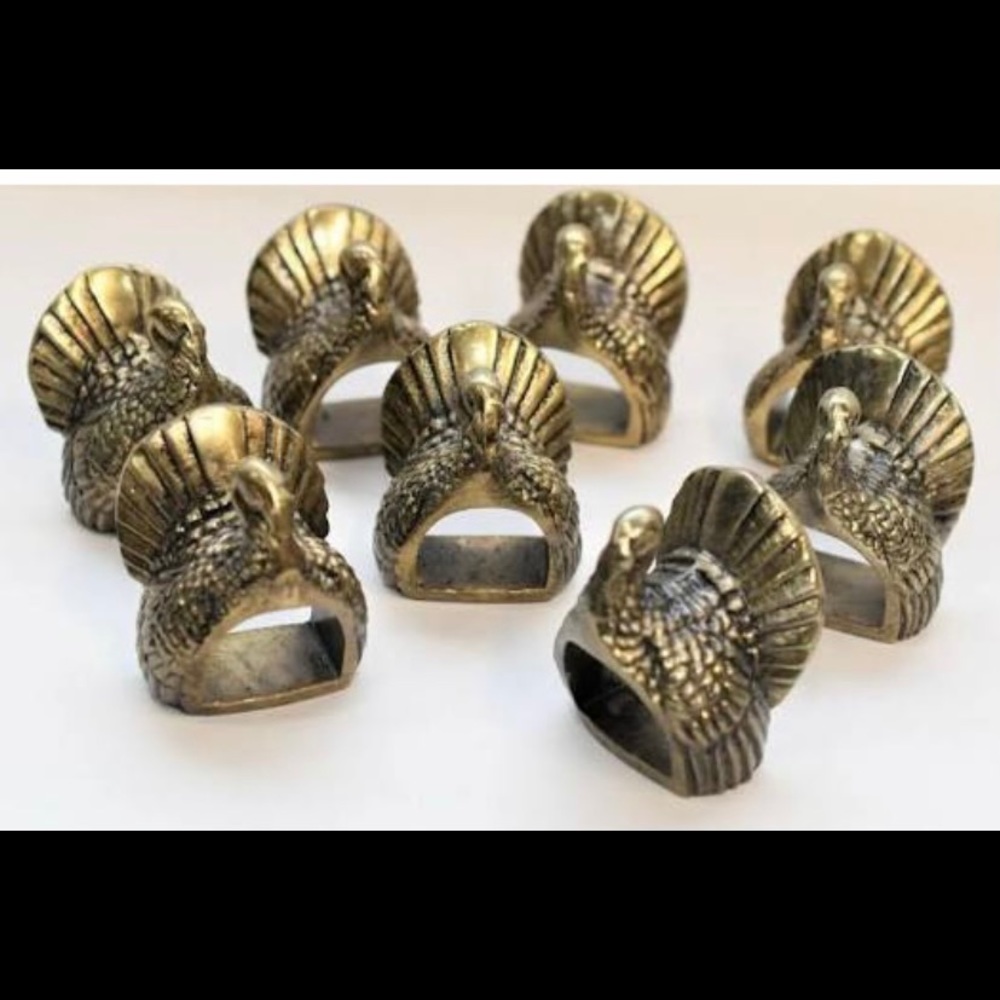 Brass Metal Turkey Figurine Napkin Ring Holders